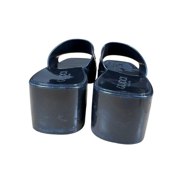 Gucci Rubber Logo Sandals Black PVC Glossy Mule Platform Slide Size 37 - Picture 6 of 10